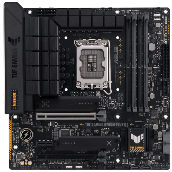 ASUS TUF GAMING B760M-PLUS D4, LGA1700, B760, 4*DDR4, 4*SATA, 2*M.2, 5*USB 3.2, 2*USB 2.0, Type-C, 2*PCIx16, 1*PCIx1, DP+HDMI, mATX; 90MB1DI0-M0EAY0