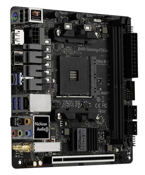 ASROCK B450 GAMING-ITX/AC, AM4, B450, 2*DDR4, 4*SATA, 1*M.2, 3*USB 3.1, 2*USB 2.0, Type-C, 3*PCIx16, 1*M.2 (Key E), HDMI+DP, mITX