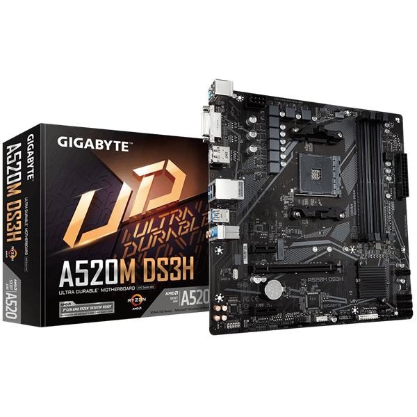 GIGABYTE A520M DS3H, AM4, A520, 4*DDR4, 4*SATA, 1*M.2, 4*USB 3.2, 2*USB 2.0, 1*PCIx16, 2*PCIx1, DP+HDMI+DVI-D, mATX