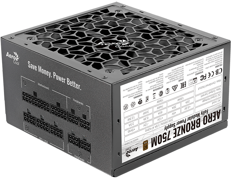 Aerocool AERO BRONZE 750M (80+ Bronze, КПД>90%, ATX v2.4, A.PFC, Fan 12cm, Japanese Capacitors)