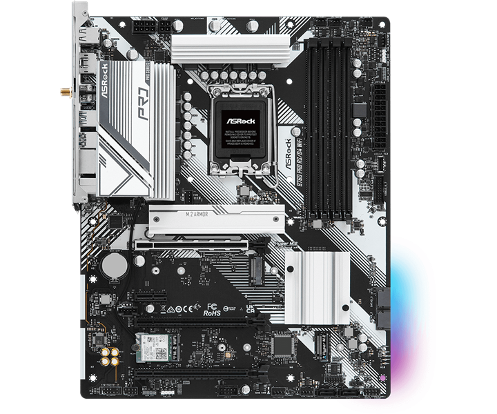 ASROCK B760 PRO RS/D4 WIFI, LGA1700, B760, 4*DDR4, 4*SATA, 3*M.2, 5*USB 3.2, 2*USB 2.0, Type-C, 3*PCIx16, 1*PCIx1, 1*M.2 (Key E), HDMI+DP, ATX