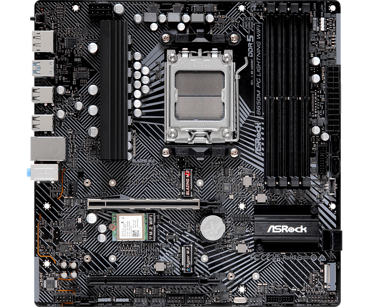 ASROCK B650M PG LIGHTNING WIFI, AM5, B650, 4*DDR5, 4*SATA, 3*M.2, 3*USB 3.2, 4*USB 2.0, Type-C, 2*PCIx16, 1*M.2 (Key E), HDMI+DP, mATX