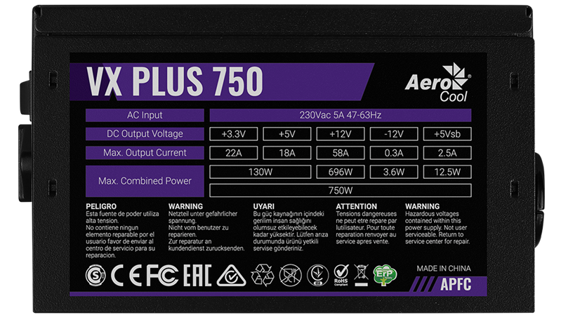 Aerocool VX Plus 750 <ATX12V 2.3, 20+4P, 4+4P, PCIe 6+2P x2, PATA x3, SATA x6, FDD x1>