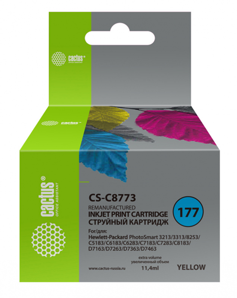 Cactus CS-C8773 №177 желтый (11.4мл) для HP PS 3213/3313/8253/C5183/C6183/C6283/C7183/C7283/C8183/D7163/D7263/D7363/D7463
