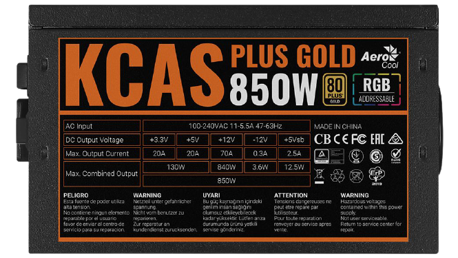 Aerocool KCAS PLUS GOLD 850W <850W, ATX v2.4, APFC, Fan ARGB 12cm, 80+ Gold, Retail>