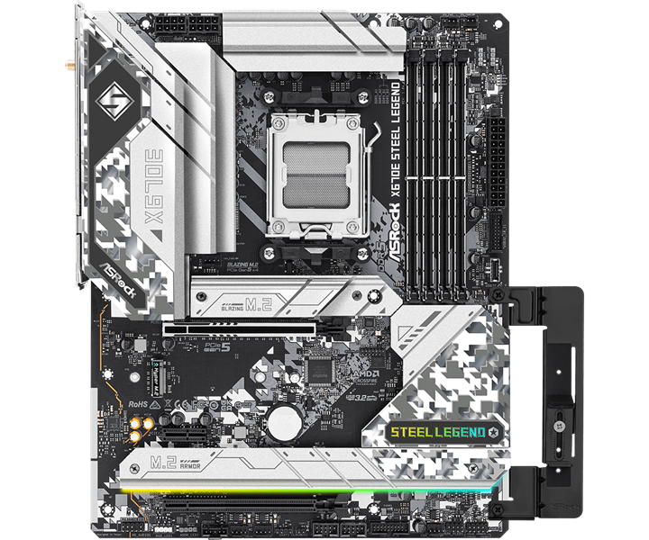 ASROCK X670E STEEL LEGEND, AM5, X670, 4*DDR5, 4*SATA, 4*M.2, 7*USB 3.2, 4*USB 2.0, Type-C, 2*PCIx16, 1*PCIx1, 1*M.2 (Key E), HDMI+DP, ATX