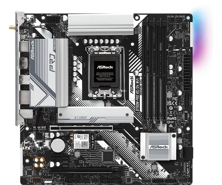 ASROCK B760M PRO RS/D4 WIFI, LGA1700, B760, 4*DDR4, 4*SATA, 2*M.2, 3*USB 3.2, 2*USB 2.0, Type-C, 2*PCIx16, 1*PCIx1, 1*M.2 (Key E), HDMI+DP, mATX