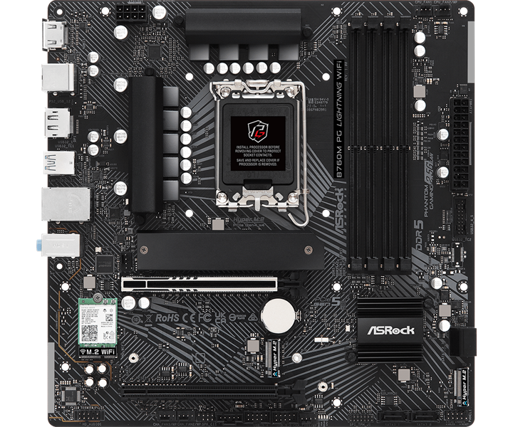ASROCK B760M PG LIGHTNING WIFI, LGA1700, B760, 4*DDR5, 4*SATA, 3*M.2, 3*USB 3.2, 2*USB 2.0, Type-C, 2*PCIx16, 1*M.2 (Key E) HDMI+DP, mATX
