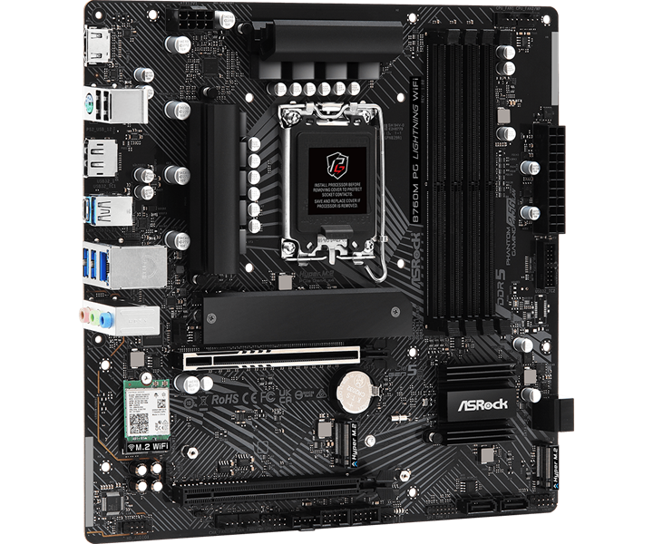ASROCK B760M PG LIGHTNING WIFI, LGA1700, B760, 4*DDR5, 4*SATA, 3*M.2, 3*USB 3.2, 2*USB 2.0, Type-C, 2*PCIx16, 1*M.2 (Key E) HDMI+DP, mATX