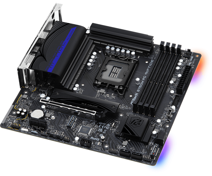 ASROCK B760M PG RIPTIDE, LGA1700, B760, 4*DDR5, 4*SATA, 2*M.2, 3*USB 3.2, 4*USB 2.0, Type-C, 1*PCIx16, 1*PCIx1, 1xM.2 (Key E), HDMI+DP, mATX