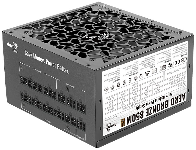 Aerocool AERO BRONZE 850M (80+ Bronze, КПД>90%, ATX v2.4, A.PFC, Fan 12cm, Japanese Capacitors)