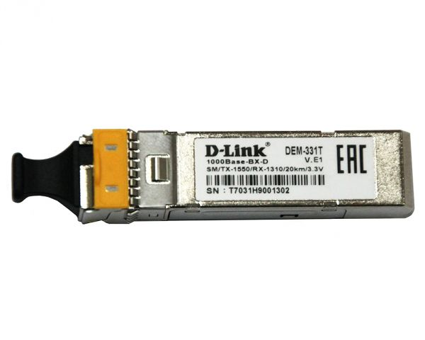 D-Link WDM SFP-трансивер, 1000Base-BX-D (Simplex LC), Tx:1550 нм, Rx:1310 нм, для одномодового кабеля, до 20 км