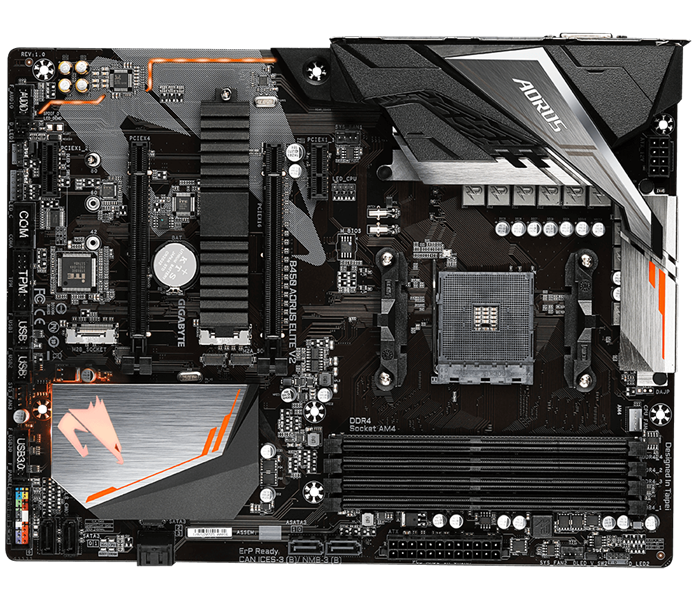GIGABYTE B450 AORUS ELITE V2, AM4, B450, 4*DDR4, 6*SATA, 2*M.2, 4*USB 3.2, 4*USB 2.0, 2*PCIx16, 2*PCIx1, HDMI+DVI-D, ATX