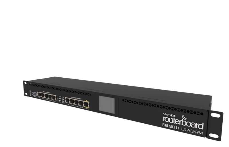 MikroTik RouterBOARD 3011UiAS with Dual core 1.4GHz ARM CPU, 1GB RAM, 10xGbit LAN, 1xSFP port, RouterOS L5, 1U rackmount case, LCD panel