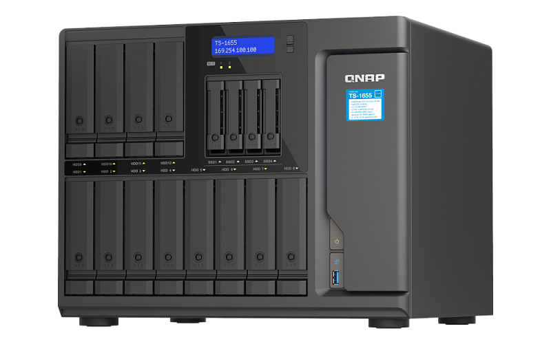 QNAP SMB 8C 2,8GHz CPU/8Gb(up to 128)/upto 12HDDs SATA(3,5" 2,5")/ 4HDDs (2,5")/2xM.2 NVMe/4xUSB/3xExp.slot/2x2,5Gb/iSCSI/1xPS/3YW TS-1655-8G-EU-RU