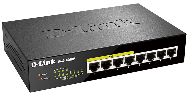 D-Link Неуправляемый PoE-коммутатор, 8x1000Base-T (4x1000Base-T PoE), PoE-бюджет 80 Вт, корпус металл