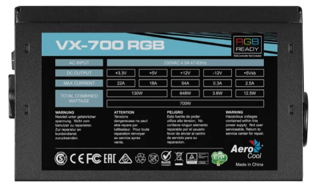 Aerocool 700W Retail VX PLUS 700 RGB, ATX v2.3, RGB-подсветка, A.PFC, fan 120mm, 2x PCI-E [6+2-Pin], 6x SATA, 3x MOLEX, 1x FDD