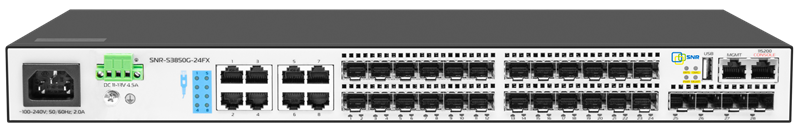 SNR Управляемый коммутатор уровня 3, 16 портов 100/1000BaseX SFP, 8 Combo портов GE, 4 порта 1/10G SFP+, RPS DC 12V