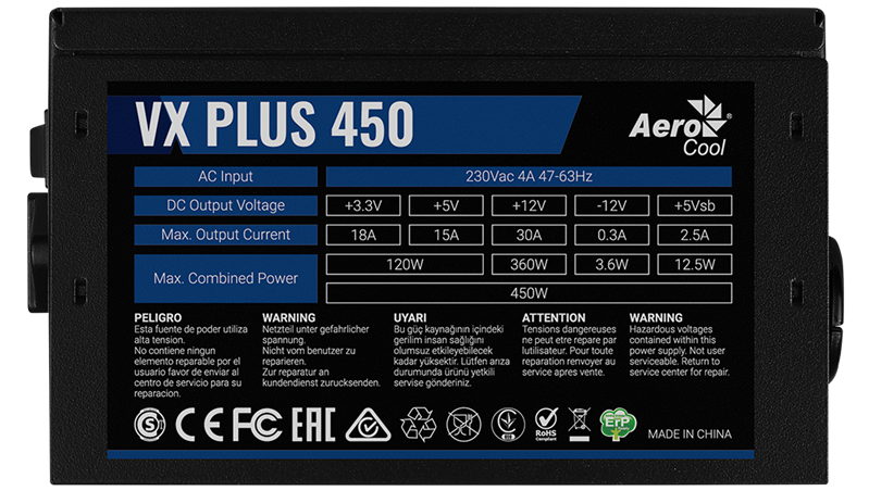 Aerocool 450W Retail VX PLUS 450 ATX v2.3 Haswell, fan 12cm, 500mm cable, power cord, 20+4P, 4+4P, PCIe 6P x1, PATA x2, SATA x2, FDD