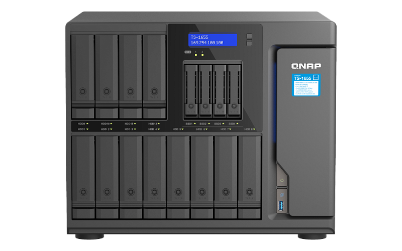 QNAP SMB 8C 2,8GHz CPU/8Gb(up to 128)/upto 12HDDs SATA(3,5" 2,5")/ 4HDDs (2,5")/2xM.2 NVMe/4xUSB/3xExp.slot/2x2,5Gb/iSCSI/1xPS/3YW TS-1655-8G-EU-RU