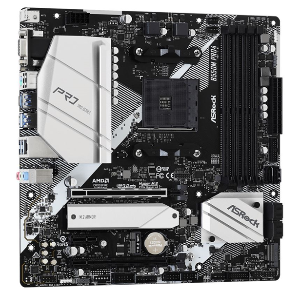ASROCK B550M PRO4, AM4, B550, 4*DDR4, 6*SATA, 2*M.2, 5*USB 3.2, 2*USB 2.0, Type-C, 6*PCIx16, 1*PCIx1, 1xM.2 (Key E), D-Sub+HDMI+DP, mATX