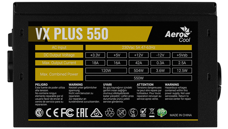 Aerocool ATX 550W VX PLUS 550W (20+4pin) 120mm fan 3xSATA RTL