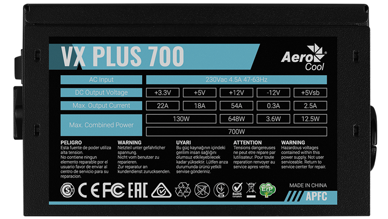 Aerocool 700W Retail VX PLUS 700 ATX v2.3 Haswell, fan 12cm, 500mm cable, power cord, 20+4P, 4+4P, PCIe 6+2P x2, PATA x3, SATA x6, FDD